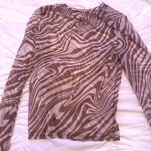 Printed Sheer White and Brown Long-Sleeve
